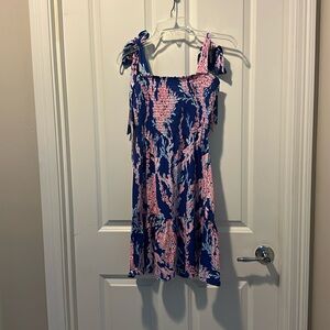 Lilly Pulitzer Kailula Smocked Dress NWT in borealis blue swim on over print.